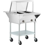 ServIt Two Pan Open Well Electric Steam Table with Angled Sneeze Guard, Fixed Tray Slide, and Casters - 120V, 1000W