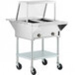 ServIt Two Pan Open Well Electric Steam Table with Angled Sneeze Guard, Fixed Tray Slide, and Casters - 120V, 1000W