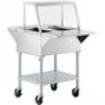 ServIt Two Pan Open Well Electric Steam Table with Angled Sneeze Guard, Fixed Tray Slide, and Casters - 120V, 1000W