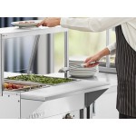 ServIt Two Pan Open Well Electric Steam Table with Angled Sneeze Guard, Fixed Tray Slide, and Casters - 120V, 1000W