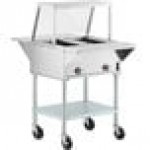 ServIt Two Pan Open Well Electric Steam Table with Angled Sneeze Guard, Fixed Tray Slide, and Casters - 120V, 1000W