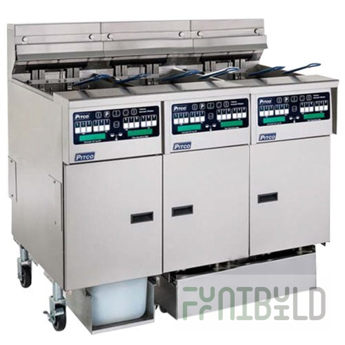 Pitco® SSHLV14C-2/14T/FDP Solstice Natural Gas 96 lb. Reduced Oil Volume Fryer System with 1 Split Pot Unit, 2 Full Pot Units, and Push Button Top Off - 224,000 BTU