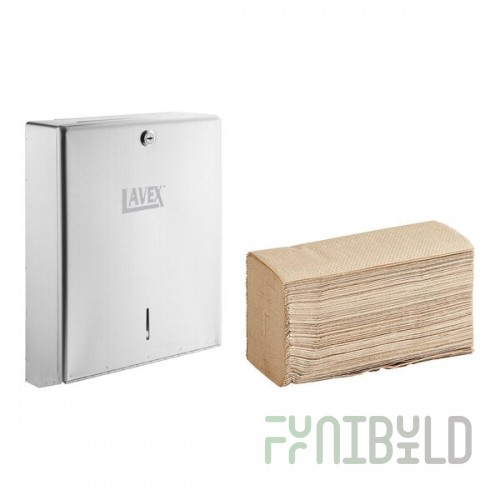 Lavex Stainless Steel Tall Multifold Surface Mounted Paper Towel Dispenser with 4,000 Kraft M-Fold Paper Towels