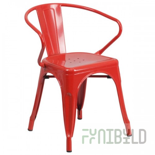 Flash Furniture CH-31270-RED-GG Red Stackable Galvanized Steel Chair with Arms, Vertical Slat Back, and Drain Hole Seat