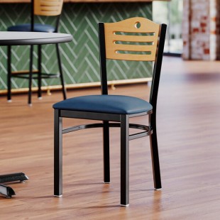 Lancaster Table & Seating Black Finish Side Chair with Navy Vinyl Seat and Natural Wood Back - Assembled Lancaster Table & Seating Black Finish Side Chair with Navy Vinyl Seat and Natural Wood Back - Assembled
