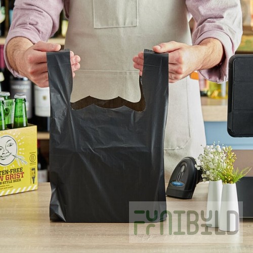 Choice 1/8 Small Size Black Unprinted Embossed Extra Heavy-Duty Plastic T-Shirt Bag - 200/Case