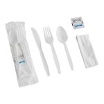 Choice White Heavy Weight Polypropylene Plastic Cutlery Pack with Napkin and Salt and Pepper Packets - 500/Case Choice White Heavy Weight Polypropylene Plastic Cutlery Pack with Napkin and Salt and Pepper Packets - 500/Case