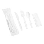 Choice White Extra Heavy Weight Wrapped Polystyrene Plastic Cutlery Pack with Napkin - 500/Case Choice White Extra Heavy Weight Wrapped Polystyrene Plastic Cutlery Pack with Napkin - 500/Case