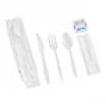 Choice White Extra Heavy Weight Wrapped Polystyrene Plastic Cutlery Pack with Napkin - 500/Case Choice White Extra Heavy Weight Wrapped Polystyrene Plastic Cutlery Pack with Napkin - 500/Case