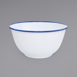 Crow Canyon Home V23BLU Vintage 4 Qt. White Round Enamelware Footed Bowl with Blue Rolled Rim Crow Canyon Home V23BLU Vintage 4 Qt. White Round Enamelware Footed Bowl with Blue Rolled Rim