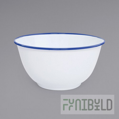 Crow Canyon Home V23BLU Vintage 4 Qt. White Round Enamelware Footed Bowl with Blue Rolled Rim