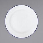 Crow Canyon Home V23BLU Vintage 4 Qt. White Round Enamelware Footed Bowl with Blue Rolled Rim