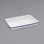 Crow Canyon Home V23BLU Vintage 4 Qt. White Round Enamelware Footed Bowl with Blue Rolled Rim