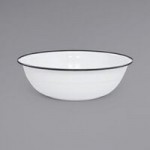 Crow Canyon Home V23BLU Vintage 4 Qt. White Round Enamelware Footed Bowl with Blue Rolled Rim