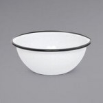 Crow Canyon Home V23BLU Vintage 4 Qt. White Round Enamelware Footed Bowl with Blue Rolled Rim