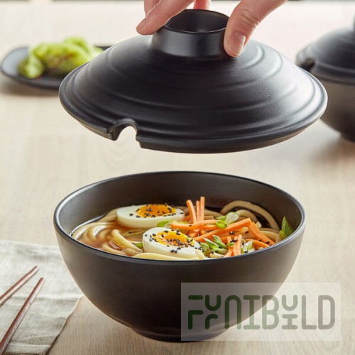 GET B-480-BK Nara 36 oz. Black Matte Round Melamine Bowl with Lid - 12/Case