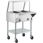ServIt Two Pan Open Well Electric Steam Table with Angled Sneeze Guard and Casters - 120V, 1000W