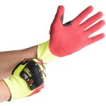 Cordova OGRE-CR+ Yellow HPPE / Glass Fiber Cut Resistant Food-Safe Gloves with Red Sandy Nitrile Palm Coating and TPR Reinforcements - Large