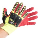 Cordova OGRE-CR+ Yellow HPPE / Glass Fiber Cut Resistant Food-Safe Gloves with Red Sandy Nitrile Palm Coating and TPR Reinforcements - Large