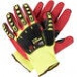 Cordova OGRE-CR+ Yellow HPPE / Glass Fiber Cut Resistant Food-Safe Gloves with Red Sandy Nitrile Palm Coating and TPR Reinforcements - Large