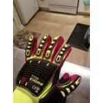 Cordova OGRE-CR+ Yellow HPPE / Glass Fiber Cut Resistant Food-Safe Gloves with Red Sandy Nitrile Palm Coating and TPR Reinforcements - Large