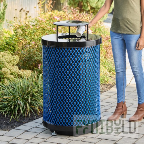 Lancaster Table & Seating 36 Gallon Heavy-Duty Round Blue Expanded Steel Outdoor Trash Can with Rain Bonnet Lid