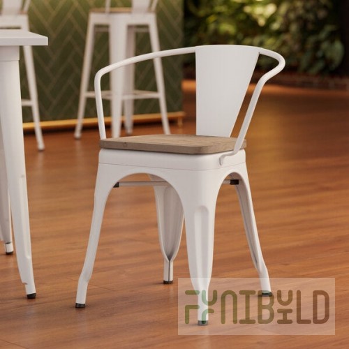 Lancaster Table & Seating Alloy Pearl White Indoor Arm Chair with Gray Wood Seat
