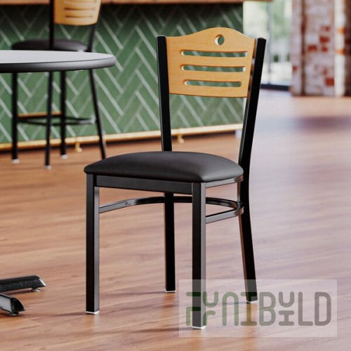 Lancaster Table & Seating Black Finish Side Chair with Black Vinyl Seat and Natural Wood Back - Assembled