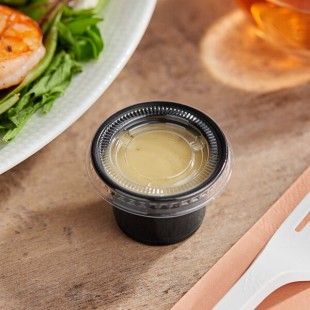 Choice 1 oz. Black Plastic Souffle Cup / Portion Cup with PET Plastic Lid - 100/Case Choice 1 oz. Black Plastic Souffle Cup / Portion Cup with PET Plastic Lid - 100/Case