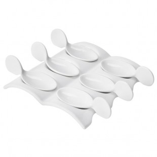 CAC PT-SQ8 Bright White Party Collection Porcelain 6 Spoon Set with Square Test Plate - 12/Case CAC PT-SQ8 Bright White Party Collection Porcelain 6 Spoon Set with Square Test Plate - 12/Case