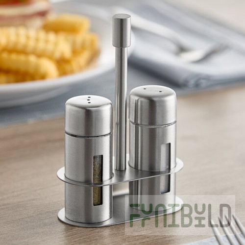 American Metalcraft SP6 1 oz. Brushed Stainless Steel Round Salt and Pepper Shaker Set with Base - 12/Case