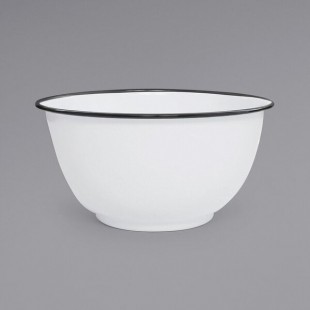 Crow Canyon Home V23BLA Vintage 4 Qt. White Round Enamelware Footed Bowl with Black Rolled Rim Crow Canyon Home V23BLA Vintage 4 Qt. White Round Enamelware Footed Bowl with Black Rolled Rim