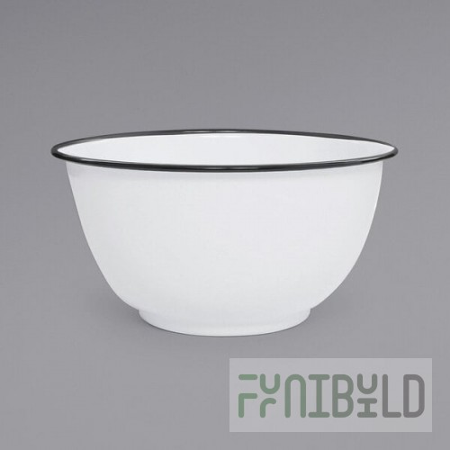 Crow Canyon Home V23BLA Vintage 4 Qt. White Round Enamelware Footed Bowl with Black Rolled Rim