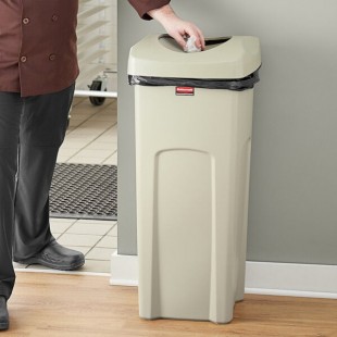Rubbermaid® 6903569BGKIT Untouchable 92 Qt. / 23 Gallon Beige Square Trash Can with Drop Shot Lid