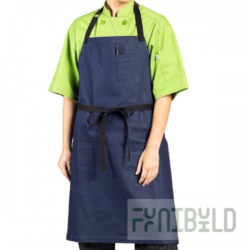 Uncommon Chef 3104 Indigo Customizable 100% Cotton Denim Rebel Bib Apron with Black Webbing and 3 Pockets - 34