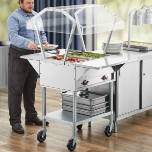ServIt Two Pan Open Well Electric Steam Table with 2-Sided Sneeze Guard, (2) Fixed Tray Slides, and Casters - 120V, 1000W