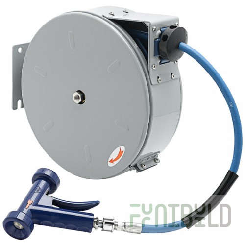 T&S B-7222-C11 30' Enclosed Epoxy Coated Steel Hose Reel with MV-3516-24 Aluminum Water Gun