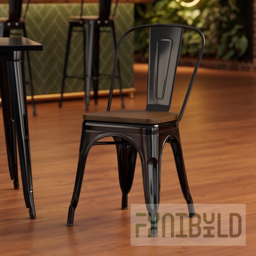 Lancaster Table & Seating Alloy Onyx Black Indoor Cafe Chair with Walnut Wood Seat