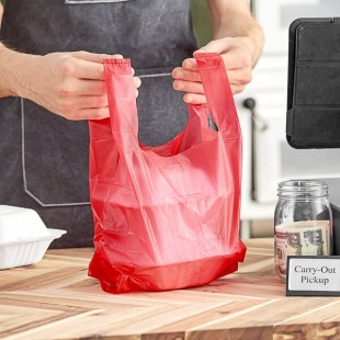 Choice 1/10 XS Size Red Unprinted Embossed Medium-Duty Plastic T-Shirt Bag - 1,500/Case Choice 1/10 XS Size Red Unprinted Embossed Medium-Duty Plastic T-Shirt Bag - 1,500/Case