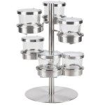 Cal-Mil 1858-4-55HL Mixology Stainless Steel Tiered 6 Jar Rotating Display for 16 oz. Jars with Hinged Lids - 14 Cal-Mil 1858-4-55HL Mixology Stainless Steel Tiered 6 Jar Rotating Display for 16 oz. Jars with Hinged Lids - 14