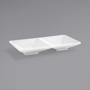 Front of the House Kyoto 2 oz. Bright White 2-Compartment Rectangular Porcelain Sauce Dish - 12/Case