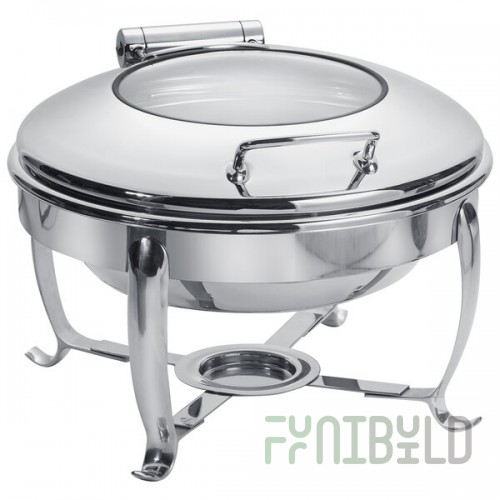 Eastern Tabletop 3918G/S 6 Qt. Stainless Steel Round Induction / Traditional Chafer with Stand and Hinged Glass Dome Cover