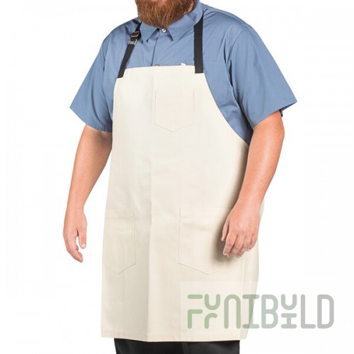 Uncommon Chef 3116 Ivory Customizable 100% Cotton Canvas Aura Bib Apron with Black Webbing and 3 Pockets - 34