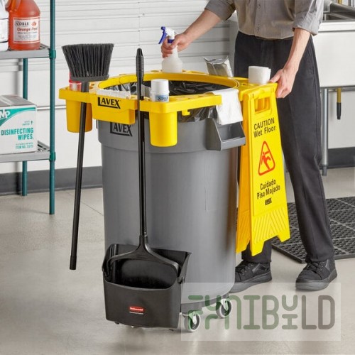 Lavex 44 Gallon Gray Round Commercial Trash Can Kit with Yellow Rim Caddy / Dolly