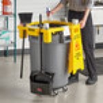 Lavex 44 Gallon Gray Round Commercial Trash Can Kit with Yellow Rim Caddy / Dolly Lavex 44 Gallon Gray Round Commercial Trash Can Kit with Yellow Rim Caddy / Dolly