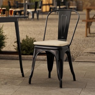 Lancaster Table & Seating Alloy Onyx Black Outdoor Cafe Chair with Tan Fabric Magnetic Cushion