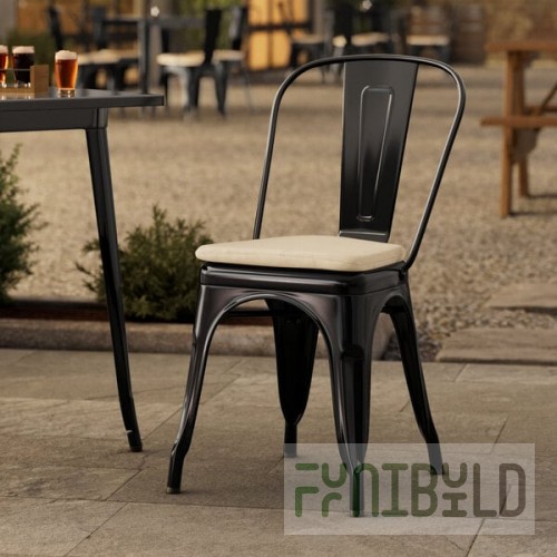 Lancaster Table & Seating Alloy Onyx Black Outdoor Cafe Chair with Tan Fabric Magnetic Cushion