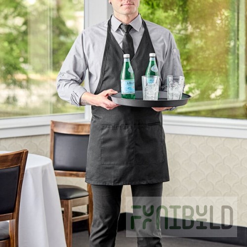 Uncommon Chef 3041 Black Customizable Poly-Cotton Twill V-Neck Tuxedo Apron with Adjustable Neck Strap and 2 Pockets - 28