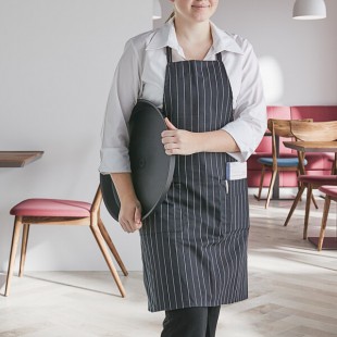 Choice Black and White Pinstripe Poly-Cotton Adjustable Bib Apron with 2 Pockets - 32 Choice Black and White Pinstripe Poly-Cotton Adjustable Bib Apron with 2 Pockets - 32