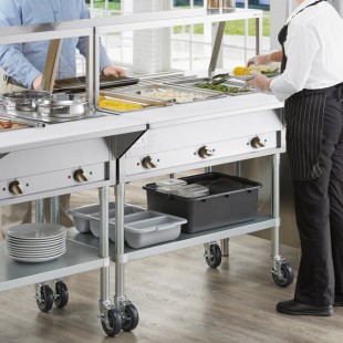 ServIt Three Pan Open Well Electric Steam Table with Angled Sneeze Guard, Tubular Tray Slide, and Casters - 120V, 1500W